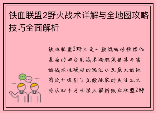 铁血联盟2野火战术详解与全地图攻略技巧全面解析