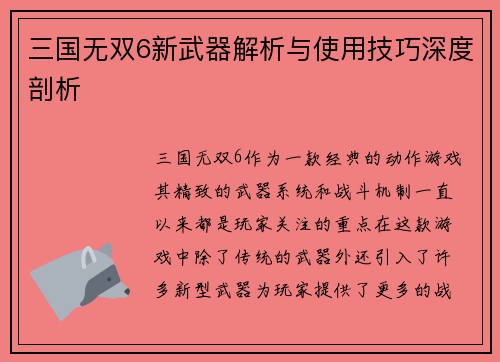 三国无双6新武器解析与使用技巧深度剖析
