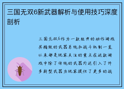 三国无双6新武器解析与使用技巧深度剖析